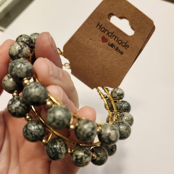 Gold stainless hoops individually wire wrapped marble gray beads handcrafted - Picture 3 of 6